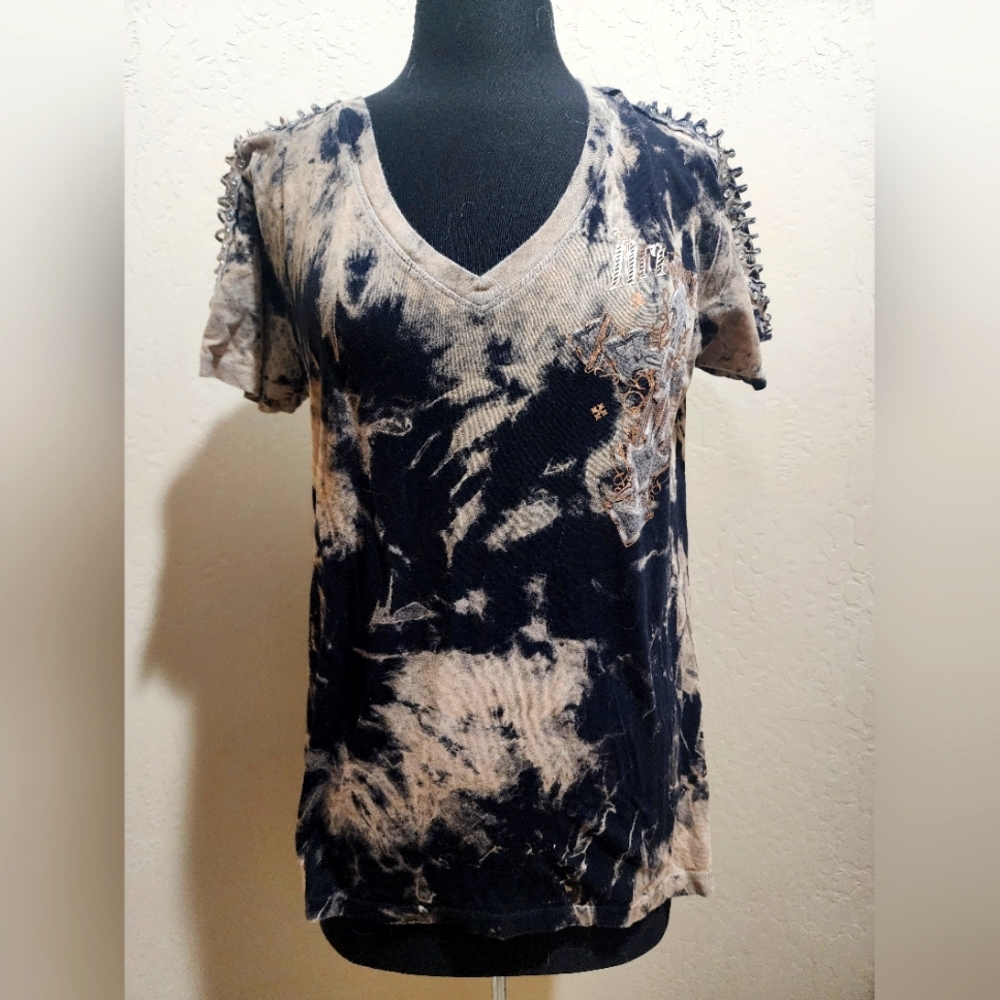 Affliction Gold Foil Cross Women's Tie-Dye V-Neck Top Woth Studs XL